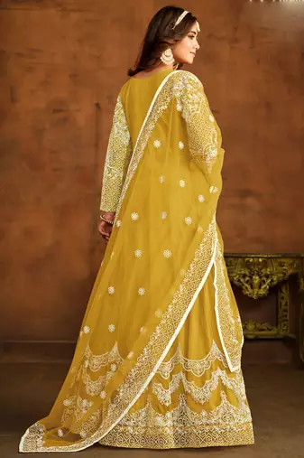 Designer yellow net embroidery anarkali suit