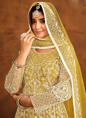 Designer yellow net embroidery anarkali suit 4