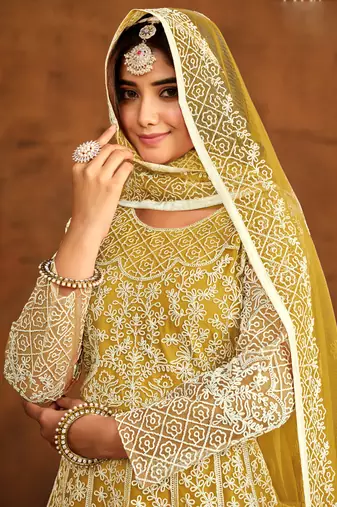 Designer yellow net embroidery anarkali suit