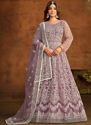 Designer onion pink net embroidery anarkali suit 1