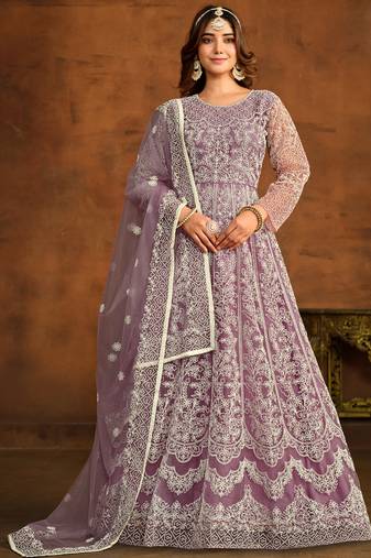 Designer onion pink net embroidery anarkali suit