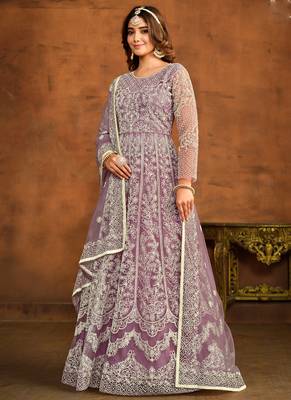 Designer onion pink net embroidery anarkali suit 2