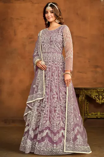 Designer onion pink net embroidery anarkali suit
