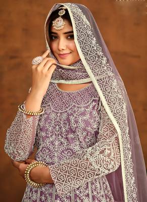 Designer onion pink net embroidery anarkali suit 3