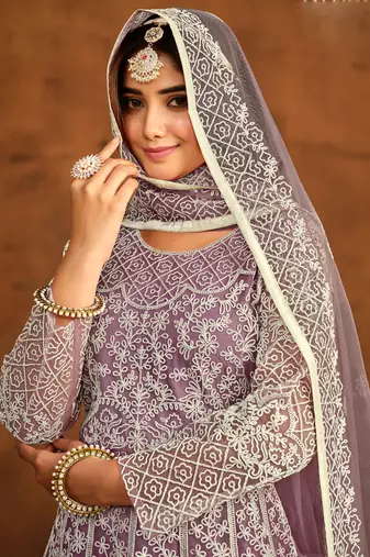 Designer onion pink net embroidery anarkali suit