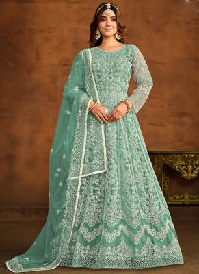 Designer bottel green net embroidery anarkali suit 1