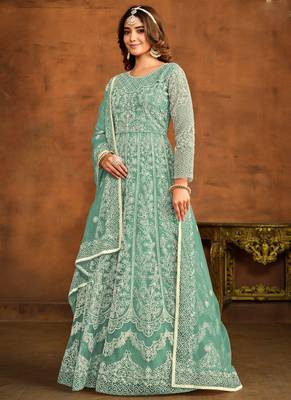 Designer bottel green net embroidery anarkali suit 2