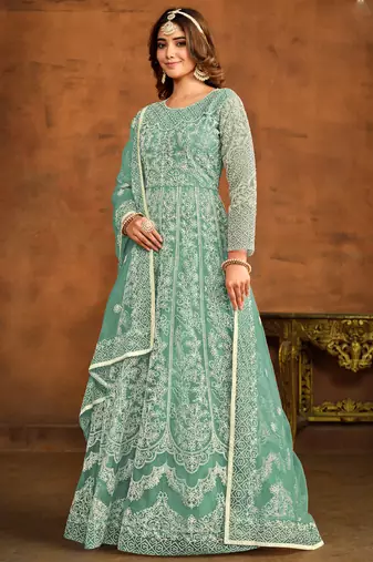 Designer bottel green net embroidery anarkali suit