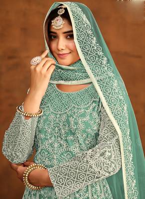 Designer bottel green net embroidery anarkali suit 3