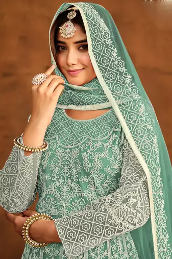 Designer bottel green net embroidery anarkali suit