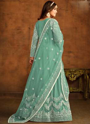 Designer bottel green net embroidery anarkali suit 4