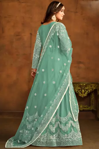 Designer bottel green net embroidery anarkali suit