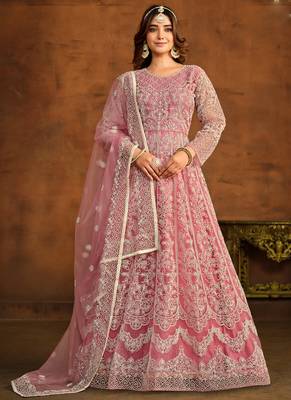 Designer pink net embroidery anarkali suit 1