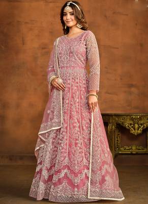 Designer pink net embroidery anarkali suit 2