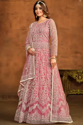 Designer pink net embroidery anarkali suit