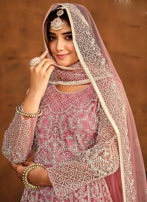 Designer pink net embroidery anarkali suit 3