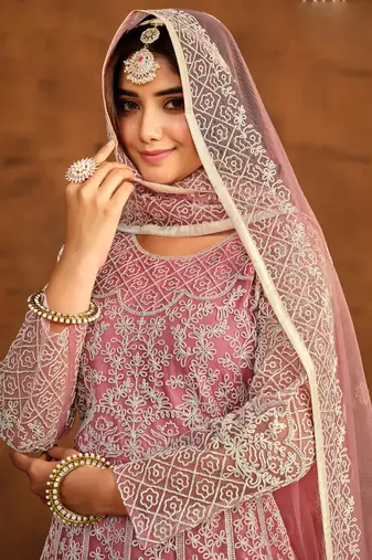 Designer pink net embroidery anarkali suit
