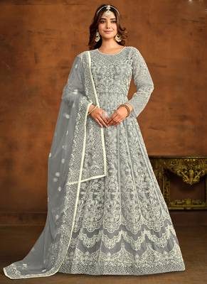 Designer grey net embroidery anarkali suit 1