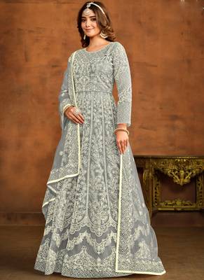 Designer grey net embroidery anarkali suit 2