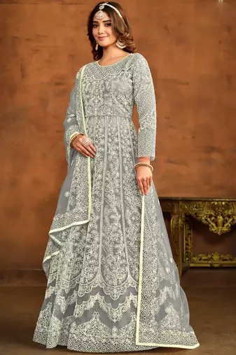Designer grey net embroidery anarkali suit