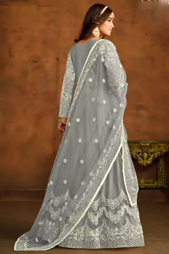 Designer grey net embroidery anarkali suit