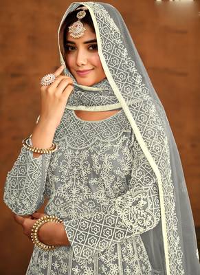 Designer grey net embroidery anarkali suit 4