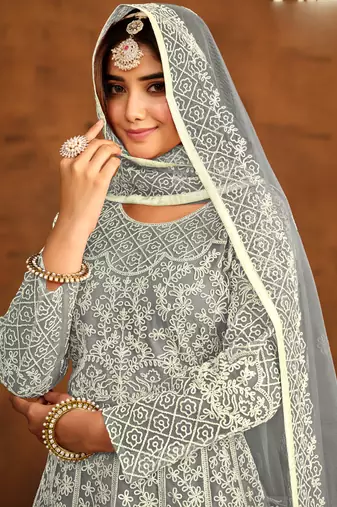 Designer grey net embroidery anarkali suit