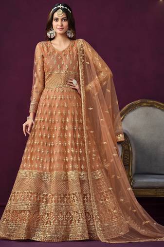 Designer orange net embroidery anarkali suit