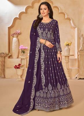 Designer wine geoegette embroidery anarkali suit 1