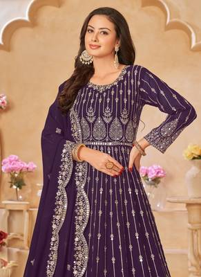 Designer wine geoegette embroidery anarkali suit 4