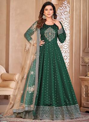 Designer green tafeta silk embroidery anarkali suit 1