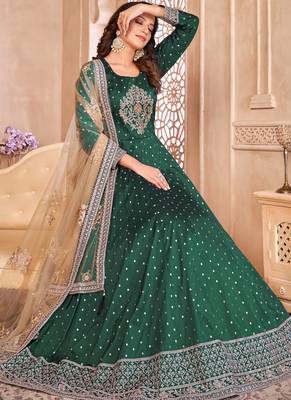 Designer green tafeta silk embroidery anarkali suit 2