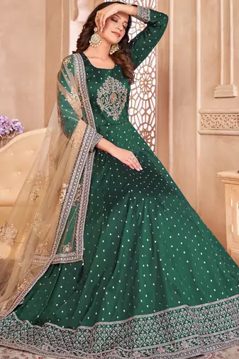 Designer green tafeta silk embroidery anarkali suit