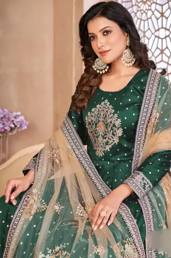 Designer green tafeta silk embroidery anarkali suit