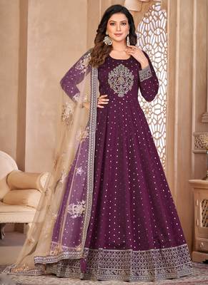 Designer viiolet tafeta silk embroidery anarkali suit 1
