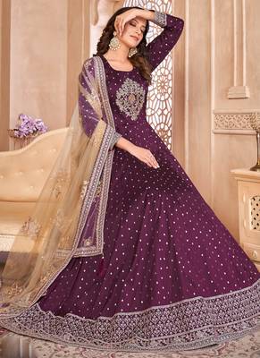 Designer viiolet tafeta silk embroidery anarkali suit 2