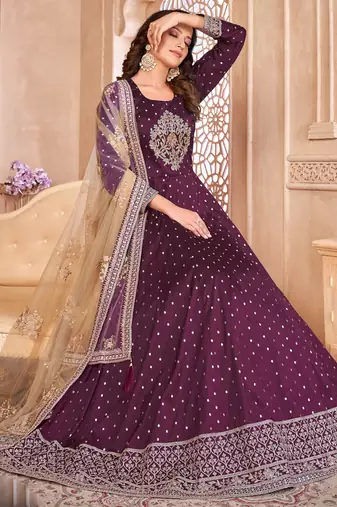 Designer viiolet tafeta silk embroidery anarkali suit