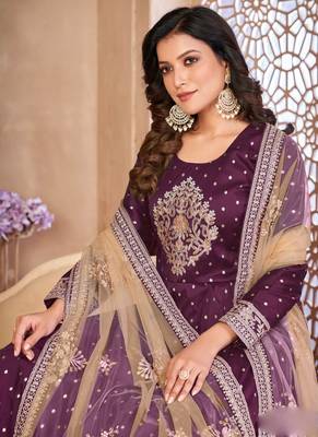 Designer viiolet tafeta silk embroidery anarkali suit 3