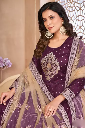 Designer viiolet tafeta silk embroidery anarkali suit