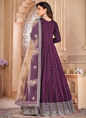 Designer viiolet tafeta silk embroidery anarkali suit 4