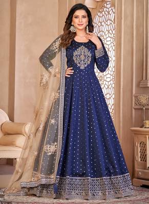 Designer navy blue tafeta silk embroidery anarkali suit 1