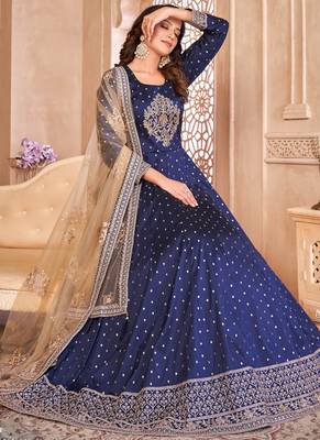 Designer navy blue tafeta silk embroidery anarkali suit 3
