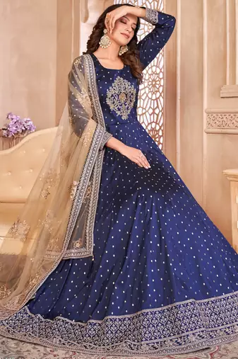 Designer navy blue tafeta silk embroidery anarkali suit