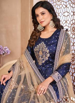 Designer navy blue tafeta silk embroidery anarkali suit 4
