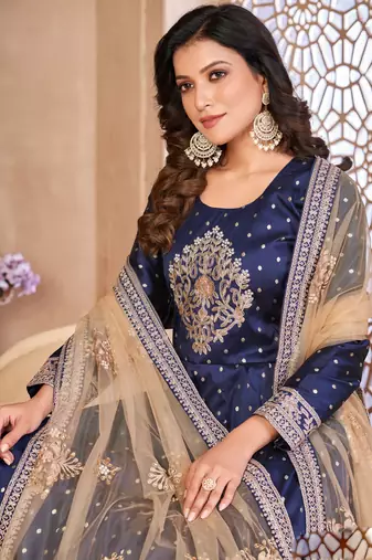 Designer navy blue tafeta silk embroidery anarkali suit