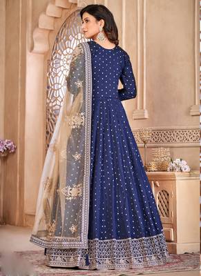 Designer navy blue tafeta silk embroidery anarkali suit 5