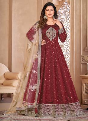 Designer maroon tafeta silk embroidery anarkali suit 1