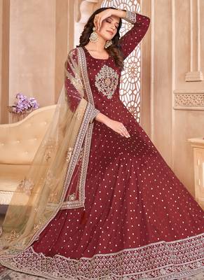 Designer maroon tafeta silk embroidery anarkali suit 2