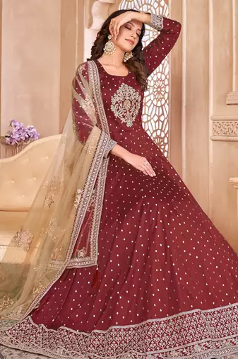 Designer maroon tafeta silk embroidery anarkali suit