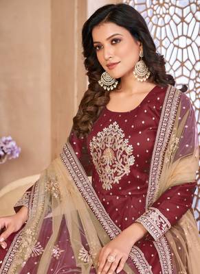 Designer maroon tafeta silk embroidery anarkali suit 3
